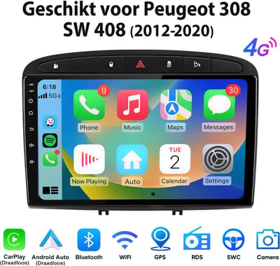 Junsun Autoradio Geschikt voor Peugeot 308 408 308SW RCZ 2012-2020 met Android 15 - Draadloze CarPlay & Android Auto - Bluetooth - GPS-navigatie - Wifi & 4G - RDS - 6GB+128GB