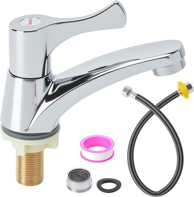 Koudwaterkraan voor Keuken met 60 cm Aansluitslang, Enkele Hendel Koudwaterkraan voor Wastafel, Gastenbadkamer en Badkamer, Vervangbare Filterdouche voor Schoon Drinkwater