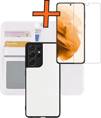 Hoes - 2 in 1 - Geschikt voor Samsung Galaxy S21 Ultra - Met Screenprotector - En Uitneembare Hard Cover - Bookcase - Wallet Case - Met Pasjeshouder - Book Case - Uitneembaar - Pashouder - Kunstleer - Wit