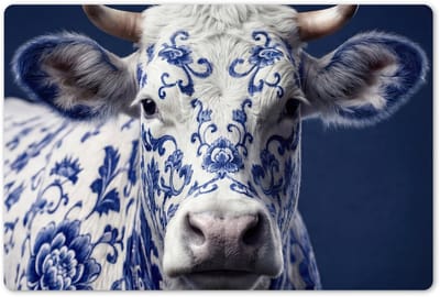Placemats 45x30 cm - Placemat kunststof - 1 stuk - Koe - Delfts - Blauw - Artistiek - Borden onderleggers - Decoratie voor op tafel - Keuken tafeldecoratie accessoires - Vinyl onderlegger - Tafelversiering