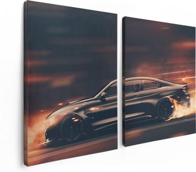 Artaza Canvas Schilderij Tweeluik Zwarte Sportwagen Auto Met Vlammen - 120x80 cm - Wanddecoratie Woonkamer - Schilderijen - Muurdecoratie