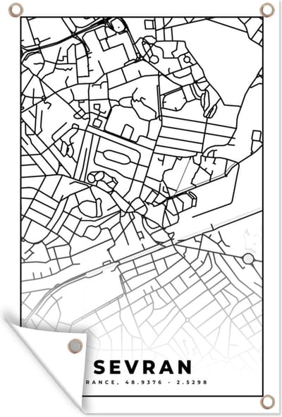 Muurdecoratie Kaart - Sevran - Frankrijk - Stadskaart - Plattegrond - Zwart wit - 120x180 cm - Tuinposter - Tuindoek