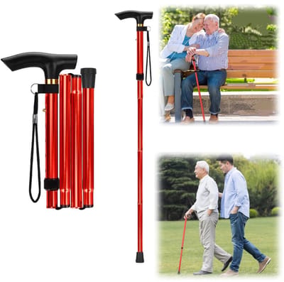 Kruk - Trekkingstokken - Opvouwbare trekkingstokken - Reistrekstokken van aluminiumlegering - Vijf verstelbare hoogte-instellingen - Met antislipvoet - Geschikt voor wandelen, reizen en trektochten (95*12 cm - Rood)