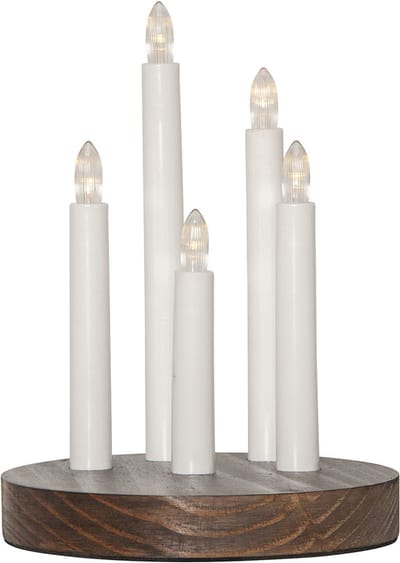 Star Trading Draadloze LED Kandelaar 'Doris', houten voet, 5 LED kaarsen, batterijen + timer, bruin, H 24 cm, Ø 17,5 cm