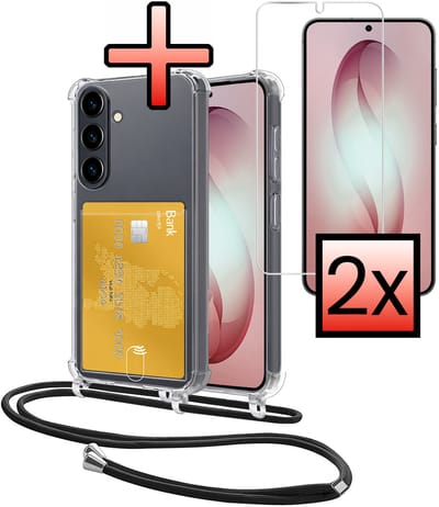 Hoes Geschikt voor Samsung Galaxy S26 Hoesje Pasjeshouder Cover Met Koord Shock Proof Case Siliconen Hoes Met Telefoonkoord en Kaarthouder Met 2x Screenprotector - Transparant