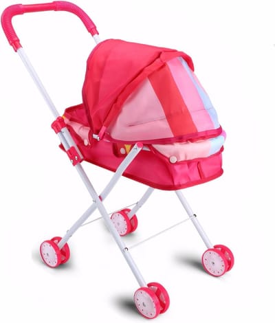 Poppenwagen Opvouwbaar - Speelgoed Kinderwagen - Rollenspel - Wasbare Stof - 54x52x26 cm - Stijl 1