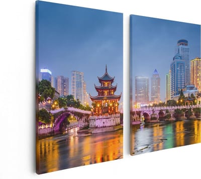 Artaza Canvas Schilderij Tweeluik Rivier bij Stad Guiyang in China - 80x60 - Foto Op Canvas - Canvas Print