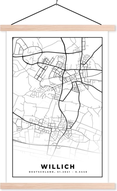 Posterhanger incl. Poster 40x60 cm - Schoolplaat - Kaart - Willich - Plattegrond - Stadskaart - Textielposter - Blanke latten - Stadskaart