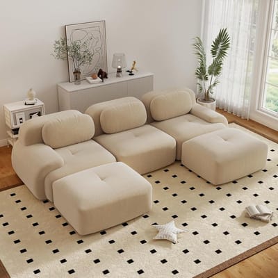 Moderne Hoekbank, U-Bank, 3-Zitsbank, Moderne 298 cm Brede, Converteerbare Hoekbank met 2 Voetenbankjes, U-vormige Modulaire Corduroy Bank, Compacte Bank voor 3-6 Personen voor de Woonkamer, Extra Diepe Zitting, Geen Montage Nodig-Beige