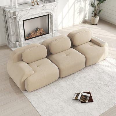 Pugsdrly 3-zitsbank van hoogwaardig corduroy, modulair, antislip, zonder montage, ergonomische armleuningen en zeer elastische vulling voor woonkamer en slaapkamer, beige