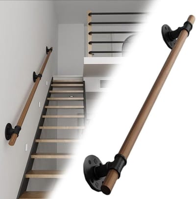 Houten trapleuning - Veiligheidsleuning trap - Veilig traplopen - Met houders - 18 meter - Houtkleur