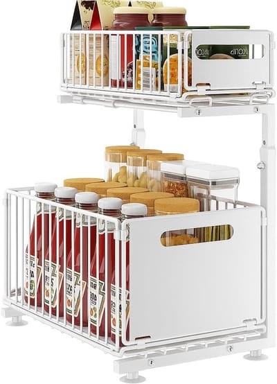 SnelShoppen - Onder Sink Organizer Keuken & Badkamer - 2 Laags Metaal Opbergrek met Lade - Hoogte Verstelbaar - Wit - Ideaal voor Keuken, Badkamer en