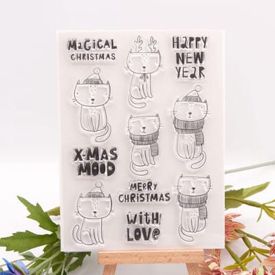 Merry Christmas New Year Cat Rubber Stamps Clear Stamps for Christmas Card Making Decoration and DIY Scrapbooking - ShopVlot