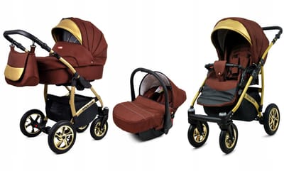 BabyLux® Kinderwagen 3in1 – GOLDLUX - CHOCOLATE GOLD FRAME - Opklapbare Wandelwagen incl. Reiswieg, Multifunctionele Buggy Sportstoel, Autostoel - Combi-kinderwagen met Luiertas, Regenhoes, Klamboe, Bekerhouder, etc.