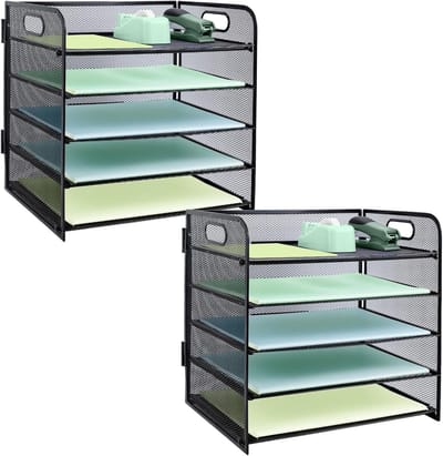 Vijflaags metalen mesh bureau-organizer voor A4-papier, met handvat, tijdschriftenhouder en desk tidy, zwart, set van 2
