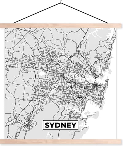 Posterhanger incl. Poster 40x40 cm - Schoolplaat - Sydney - Stadskaart - Plattegrond - Zwart Wit - Kaart - Textielposter - Blanke latten - Stadskaart