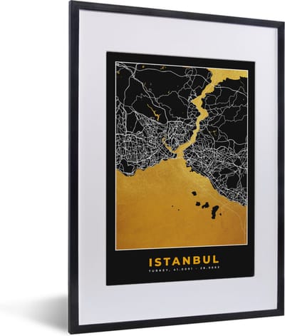 Fotolijst incl. Poster - Istanbul - Plattegrond - Goud - Stadskaart - Kaart - 30x40 cm - Posterlijst
