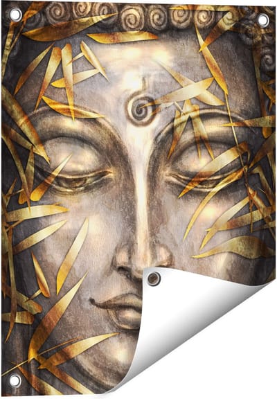 Gards Tuinposter Boeddha Beeld met Gouden Bladeren - 40x50 cm - Tuindoek - Tuindecoratie - Wanddecoratie buiten - Tuinschilderij