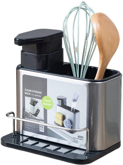 Dailygoods- Zeepdispenser Roestvrij Staal - Keukenzeepdispenser - Zeeppompje 3 in 1 - Sponsrek - Ruimtebesparend - Stevige Constructie