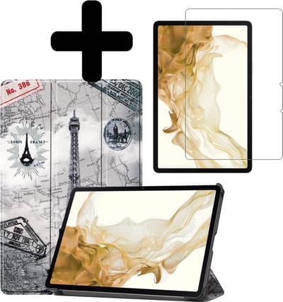 Hoes - Geschikt voor Samsung Galaxy Tab S8 - Met Screenprotector - Trifold Bookcase - Hard Cover - Hardcover Book Case - Tablet Hoesje - Eiffeltoren
