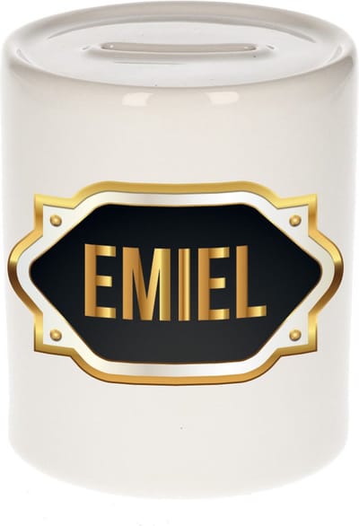 Spaarpot met voornaam Emiel - wit - met goud/zwart embleem - 8 x 9 cm - keramiek - met afsluitdop - cadeau verjaardag