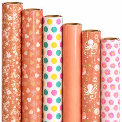 Cadeaupapier Set – Happy vibes Collection (6 Stuks) – 200×70 cm – Zalm, Peach, Roze & Multicolor – Bloemen, Hartjes, Stippen, Octopus & Daisy Prints – Inpakpapier