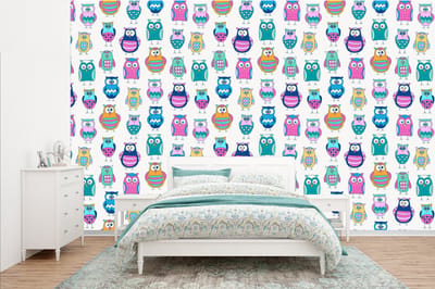 Behang - Fotobehang Regenboog - Uil - Cartoon - Breedte 385 cm x hoogte 240 cm