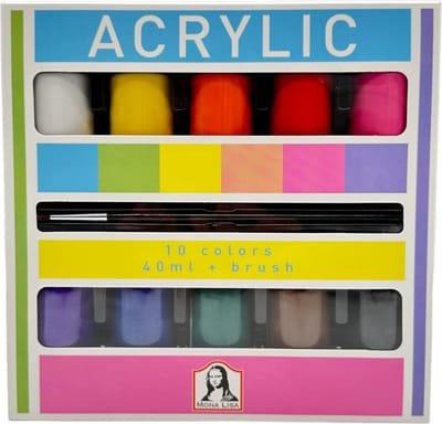 Südor Monalisa acrylverfset met penseel, 10 x 40 ml acrylset, voor kinderen en volwassenen om te schilderen op hout, steen en canvas, 10 kleuren + penseel
