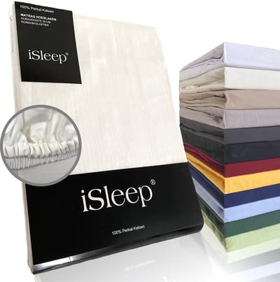 iSleep Perkal Hoeslaken - 100% Perkal Katoen - Hoge Hoek - Rondom Elastiek - Eenpersoons - 90x210 cm - Licht Beige