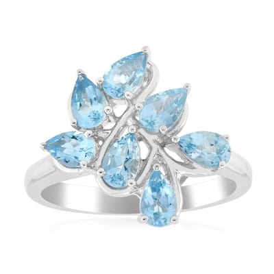 Cavill - Elegante 925 Sterling Zilver Ring met 7 Santa Maria Aquamarijn 1,07 ct - Druppelvormige Edelsteen - Bloemmotief - Damesring