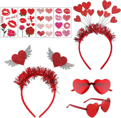 Amor Kostuum voor Vrouwen met Hart Hoofdbanden, Hartvormige Bril en Hart Tatoeages voor Valentijnsdag, Carnaval en Feestjes
