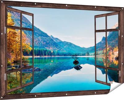 Gards Tuinposter Doorkijk Meer met Herfstbomen - 180x120 cm - Tuindoek - Tuindecoratie - Wanddecoratie buiten - Tuinschilderij