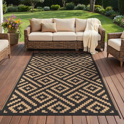 Buiten Tapijt - Waterdicht Kleed - Camper Balkon Terras - Omkeerbaar Vervaagd Bestendig - 120x180cm - Ruit Zwart Bruin