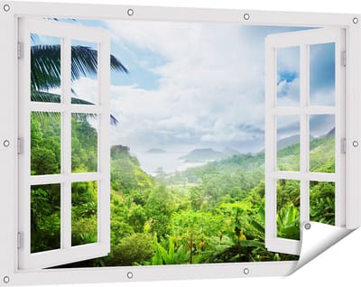 Gards Tuinposter Doorkijk Jungle Uitzicht op de Seychellen - 120x80 cm - Tuindoek - Tuindecoratie - Wanddecoratie buiten - Tuinschilderij
