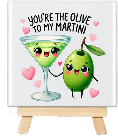 Tegeltje met tekst en schattig Kawaii food - You are the Olive to my Martini - 10x10cm - inclusief houten standaard