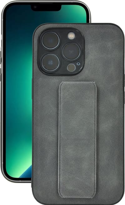 MoDo hoesje Geschikt voor iPhone 13 Pro - Kunstleer backcover - Hoesje met standfunctie - Grijs
