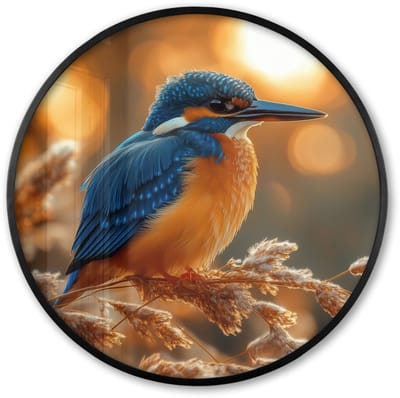 Poster in lijst Rond - Fotolijst 60x60 cm - Posters - IJsvogel - Herfst - Vogels - Zon - Natuur - Herfsttakken - Ronde posterlijst zwart - Decoratie - Wanddecoratie woonkamer - Muurdecoratie slaapkamer
