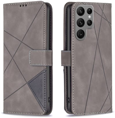 Voor Samsung Galaxy S24 Ultra 5G magnetische gesp Rhombus textuur lederen telefoonhoes (grijs)