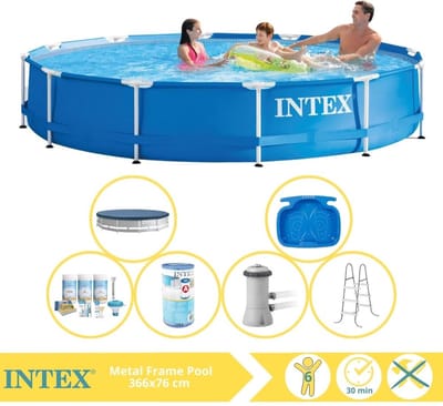 Intex Rond Frame Zwembad - 366 x 76 cm - Blauw - Inclusief Afdekzeil - Onderhoudspakket - Zwembadfilterpomp - Filter - Ladder - Voetenbad - 7-delig