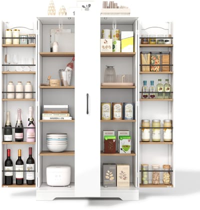 Witte keukenkast met kruidenrek - Dubbeldeurs voorraadkast met 4-laags verticale lade - Verstelbare planken - Voor keuken en eetkamer - 150x78x40 cm Wit