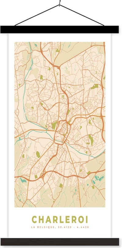 Posterhanger incl. Poster 40x80 cm - Schoolplaat - Kaart - Plattegrond - Stadskaart - België - Charleroi - Textielposter - Zwarte latten - Stadskaart