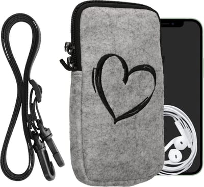 kwmobile Tasje voor smartphones L - 6,5" - Hoesje van vilt in zwart / lichtgrijs - Phone case met nekkoord - Brushed Hart design