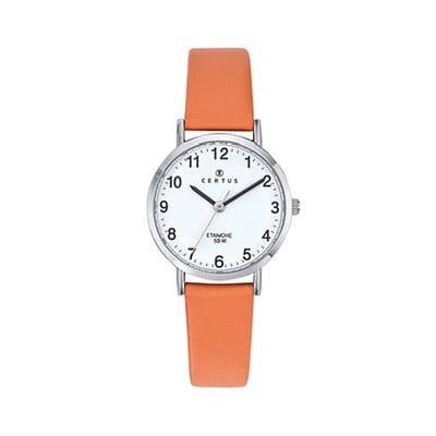 Certus-Dameshorloge-644449-3 atm waterdicht-echt leder-cognac kleurige lederen band-diameter 30 mm-duidelijke wijzerplaat-made in France