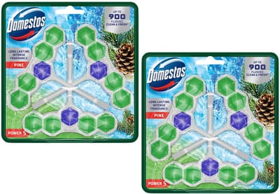 Domestos Power 5 Pine WC Blokjes - 2 Pack - 6 x 50g - Bestrijdt Kalkaanslag en zorgt voor Hygiene en Frisheid tot 900 Spoelingen - WC Blokjes Voordeelverpakking - Toilet Blokjes met Dennengeur
