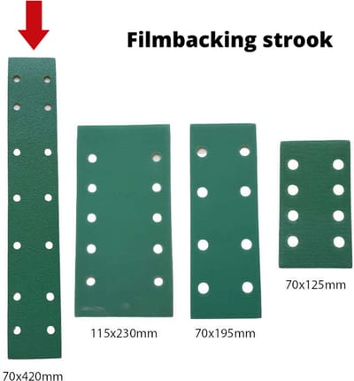 Schuurpapier filmbacking - strook 70 x 420 mm - korrel 320 – 50 stuks – duurzaam -professionele kwaliteit - met aluminium oxide korrel - onscheurbaar - schuren auto, camper, scooter enz