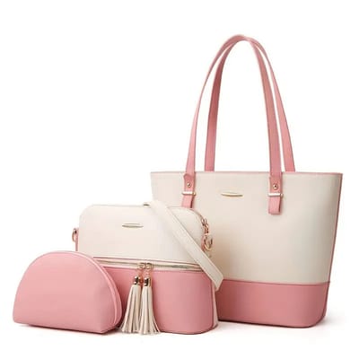 Bovista Handtas Dames - Schoudertas - School - Shopper - Schooltas - Werktas - 3-Delige Set - Wit/Roze