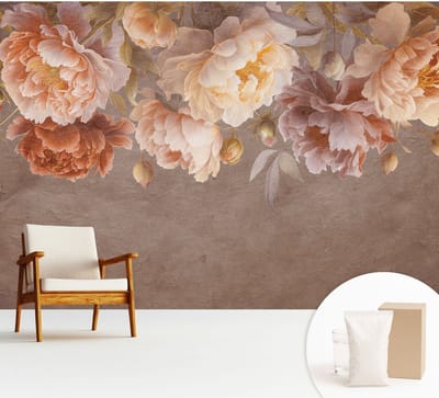 Wallfluent Behang - Bloemige elegantie Vliesbehang - 312x219 cm - Bruin Behang - Voor liefhebbers van natuur en botanische kunst - Behang Voor de keuken, woonkamer en kantoor - Wanddecoratie Bloemen en planten