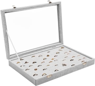 Allecto - Grijze Fluwelen Ring Sieraden Opbergdoos - Organizer met Glazen Deksel - 100 Sleuven - Bescherming voor Ringen en Oorbellen - Perfect voo...