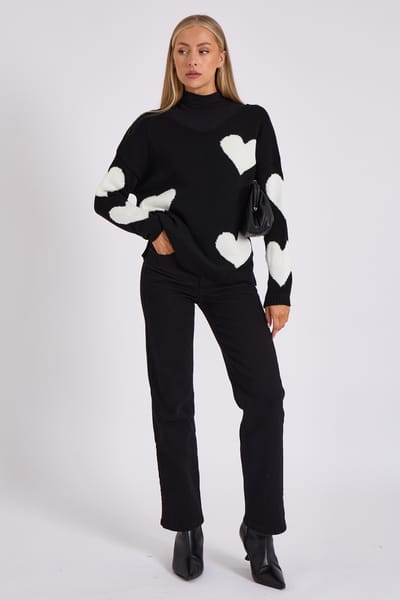 Zwarte oversized hartgebreide trui met V-hals