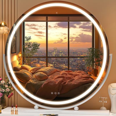 Verlichte Make-upspiegel Rond met Dimbare LED Verlichting, 70 x 70 cm, 3 Kleuren, Slimme Aanraakbediening, 360° Rotatie